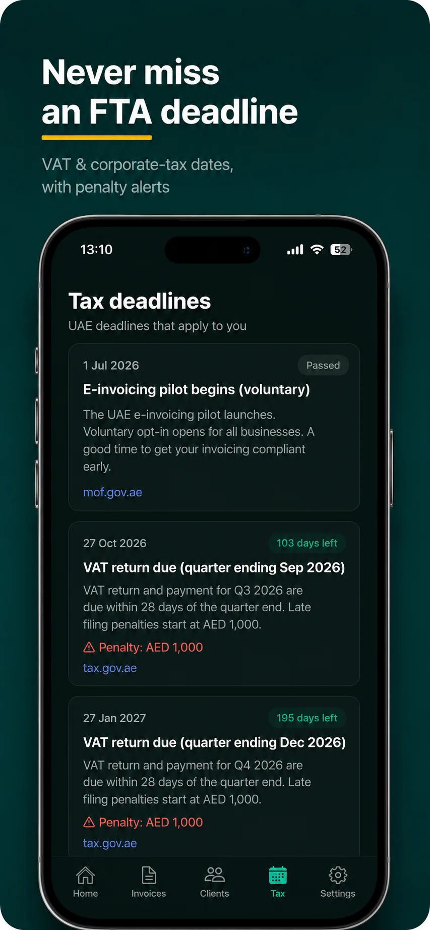 Mustahiq tax deadlines screen listing UAE VAT return dates with days remaining and penalty alerts
