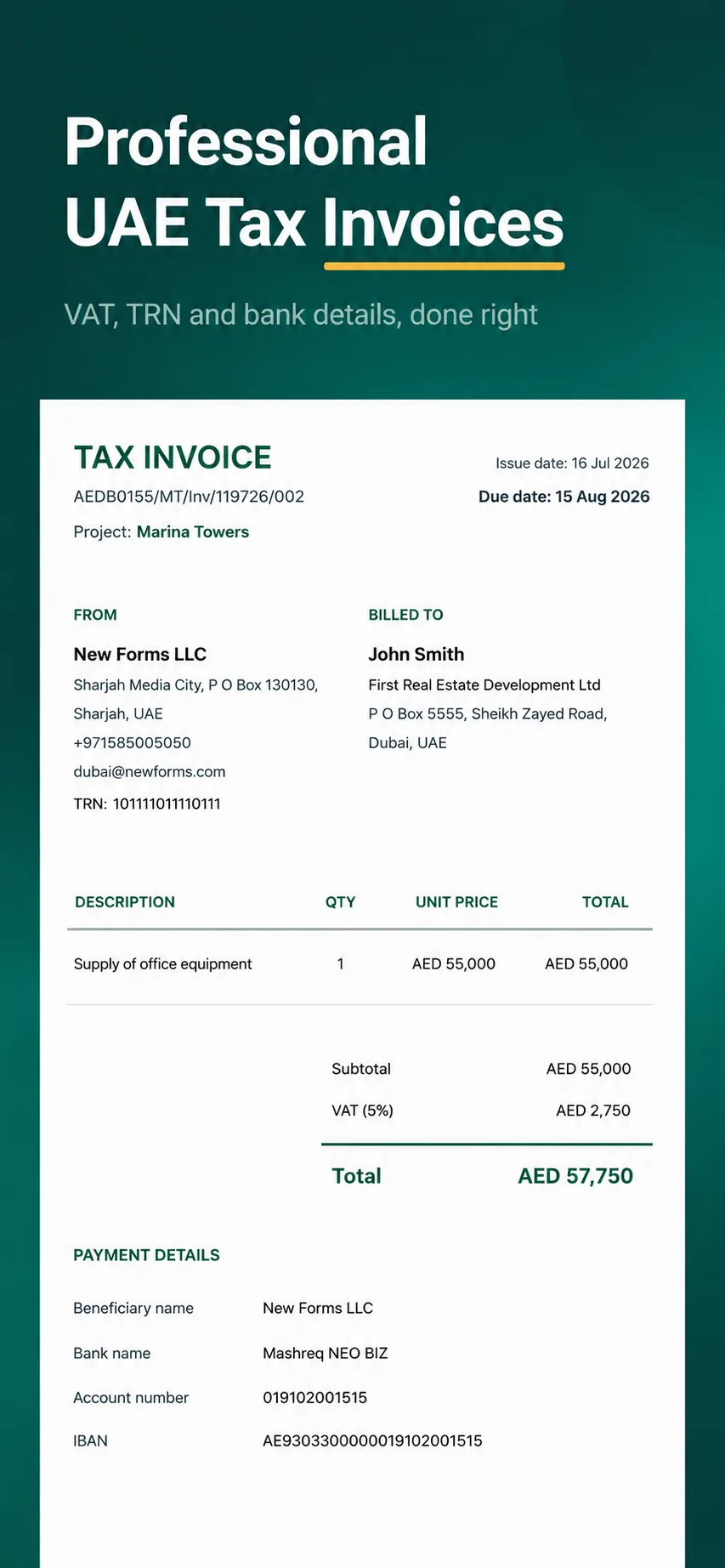 A UAE tax invoice generated by Mustahiq showing TRN, VAT breakdown and payment details