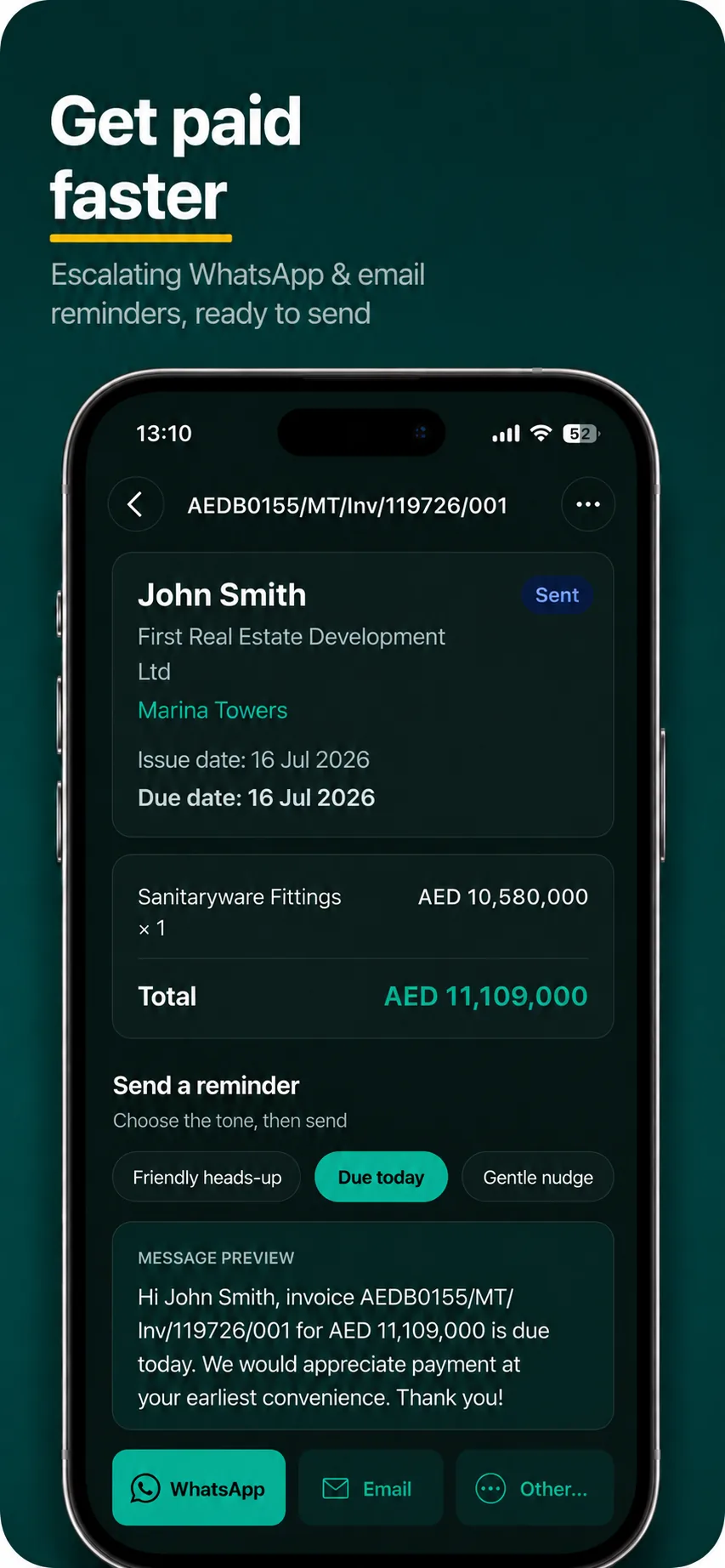 Mustahiq invoice screen with escalating reminder tones and WhatsApp and email send options