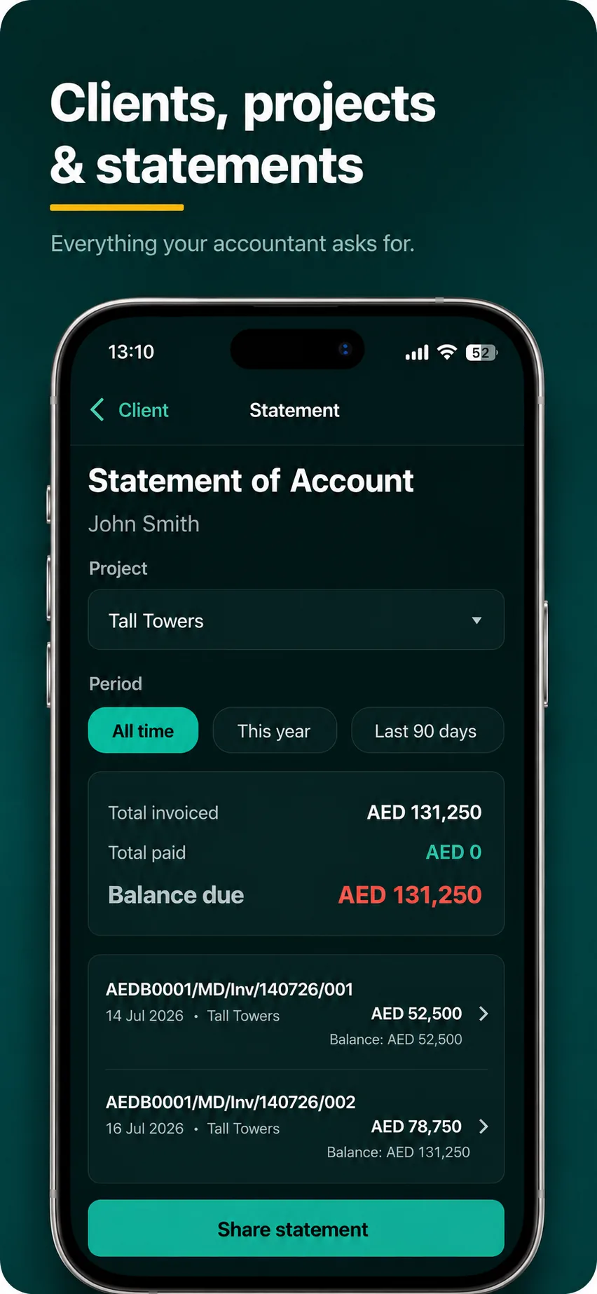 Mustahiq statement of account for a client showing total invoiced, total paid and balance due